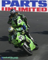 2007 AMA Supersport - Roger Hayden T8: Roger Hayden on the Monster Energy Kawasaki at the top of the Corkscrew being chased by Steve Rapp on the Attack Performance Kawaski.